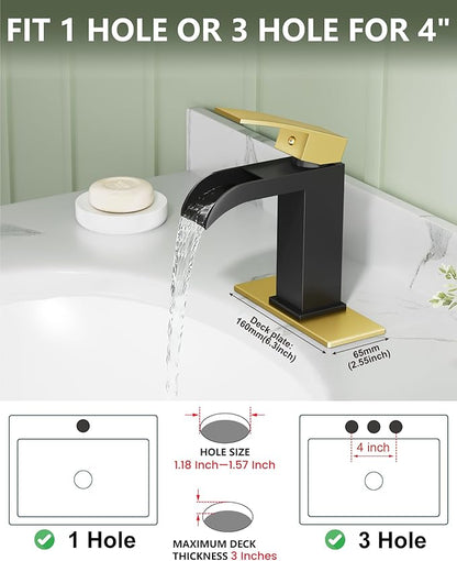 Midanya Waterfall Bathroom Faucet, Single Handle Bathroom Sink Faucet for Sink 1 or 4 Inch 3 Hole, Stainless Steel Vanity Faucets with Deck Plate and Pop up Drain,Brushed Gold and Matte Black