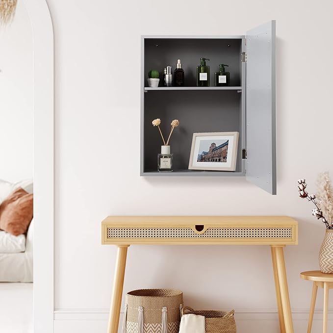 LDAILY LUARANE Bathroom Medicine Cabinet with Mirror, Wall Mounted Mirror Cabinet with Adjustable Shelf, Storage Organizer Cabinet for Bathroom Room Living Room Entryway (Grey)