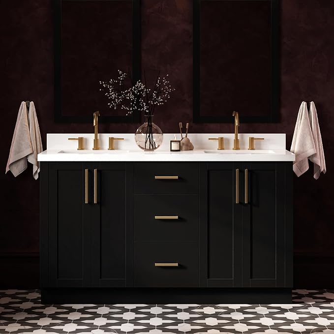 ARIEL Loren 60-inch Bathroom Vanity with Sink,Solid Wood, 1.5-inch Pure White Quartz Countertop, Double Rectangular Porcelain Sink, 4 Soft Closing Doors, 3 Dovetail Drawers, Black