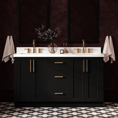 ARIEL Loren 60-inch Bathroom Vanity with Sink,Solid Wood, 1.5-inch Pure White Quartz Countertop, Double Rectangular Porcelain Sink, 4 Soft Closing Doors, 3 Dovetail Drawers, Black