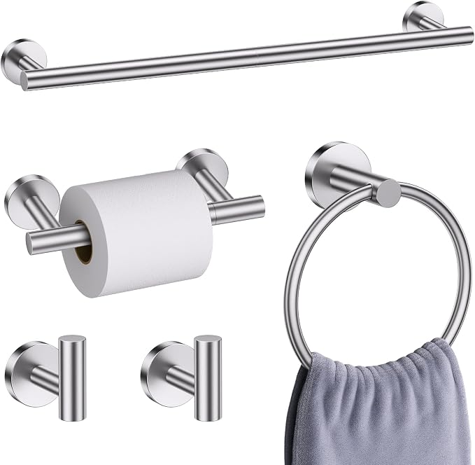 Brushed Nickel Bathroom Hardware Accessories Set, 5 Pieces Round Towel Bar Set Toilet Paper Holder Towel Rail Set for Bathroom Stainless Steel Wall Mounted Bathroom Set,23.6 in