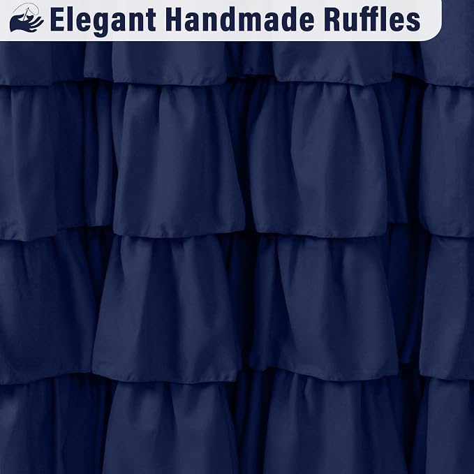 Seasonwood Navy Blue and White Shower Curtain 72 x 72 | Natural button accents, layered fabric tiers, shabby chic and French country styling for decorative bathroom updates