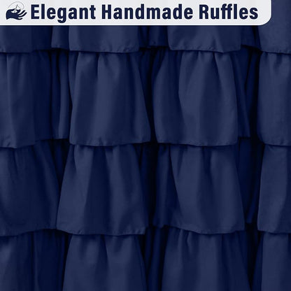Seasonwood Navy Blue and White Shower Curtain 72 x 72 | Natural button accents, layered fabric tiers, shabby chic and French country styling for decorative bathroom updates