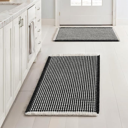 MIULEE Set of 2 Waffle Bathroom Rugs Boho Bath Mat Black&Cream 17x24 Inch | Non Slip, Super Absorbent, Washable, Ultra Soft, Rubber Backed, Small Bath Rugs for Bathroom Floor Tub Shower