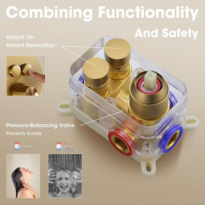 TRUSTMI 12" Ceiling Mount Rainfall, Pressure Balanced Valve, Brushed Gold | Solid brass kit with push-button diverter for handheld spray. cUPC valve prevents scalding for family safety