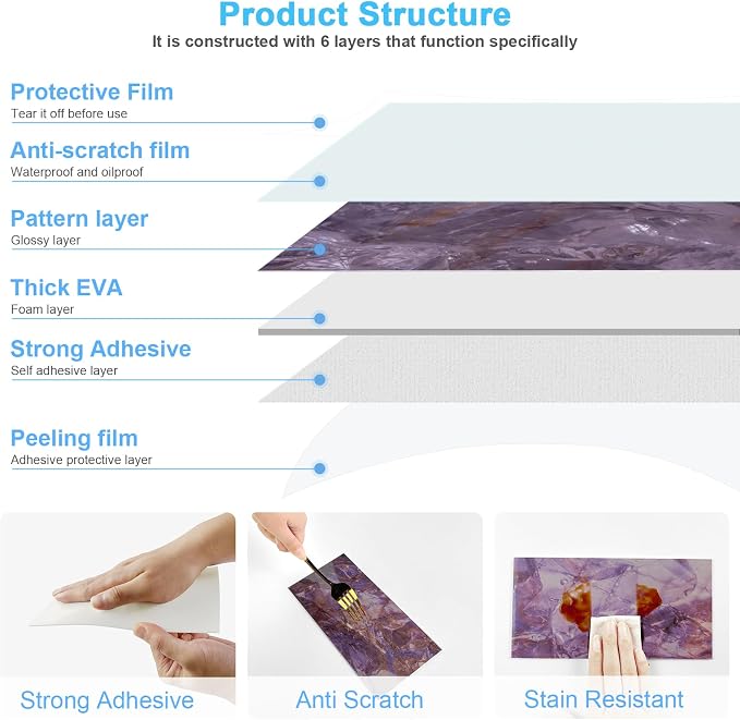 URCOLOR 32-Piece Peel and Stick Backsplash Wall Tile, 4"x 8" PVC Glossy Purple Marble Stick on Subway Tiles for Kitchen, Bathroom, Laundry Room, Camper, Fireplace