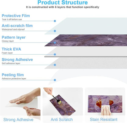 URCOLOR 32-Piece Peel and Stick Backsplash Wall Tile, 4"x 8" PVC Glossy Purple Marble Stick on Subway Tiles for Kitchen, Bathroom, Laundry Room, Camper, Fireplace
