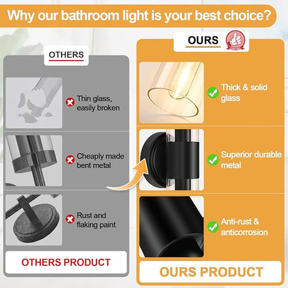 Wall Sconces Set of Two,Matte Black Bathroom Sconces with Clear Glass, Hardwired Sconces Wall Decor Set of 2, Modern Wall Vanity Light Fixtures for Bathroom Mirror Bedroom Living Room Hallway