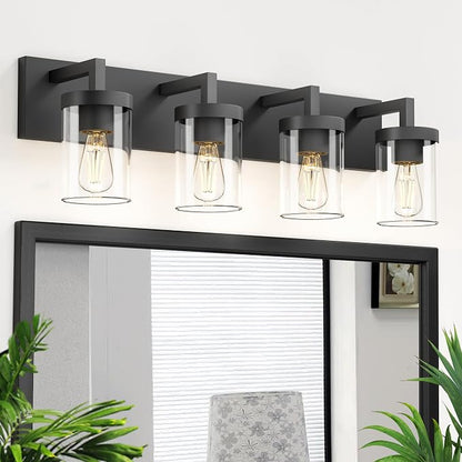 Bathroom Vanity Light, 4 Light Matte Black Vanity Light with Clear Glass Shade, 30in Farmhouse Vanity Light, Bathroom Lighting Fixtures Over Mirror for Bathroom