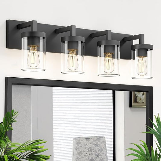 Bathroom Vanity Light, 4 Light Matte Black Vanity Light with Clear Glass Shade, 30in Farmhouse Vanity Light, Bathroom Lighting Fixtures Over Mirror for Bathroom