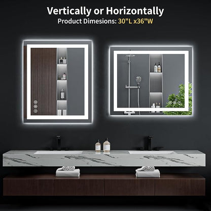 36"x30" LED Bathroom Mirror with Lights, Backlit+Frontlit, Anti-Fog | CRI 95, Stepless Dimmable, 3 Colors Lighting, Shatterproof Tempered Glass, HD Reflection, Memory, (Horizontal/Vertical)