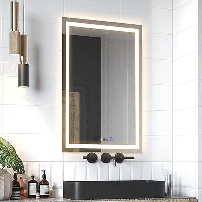 18x40 Inch Rectangular LED Bathroom Mirror with Lights Front and Backlit, 3 Color Modes, Touch Dimmer, Anti-Fog - Wall Mounted Vanity Mirror for Bathroom, Bedroom - Fab Glass and Mirror