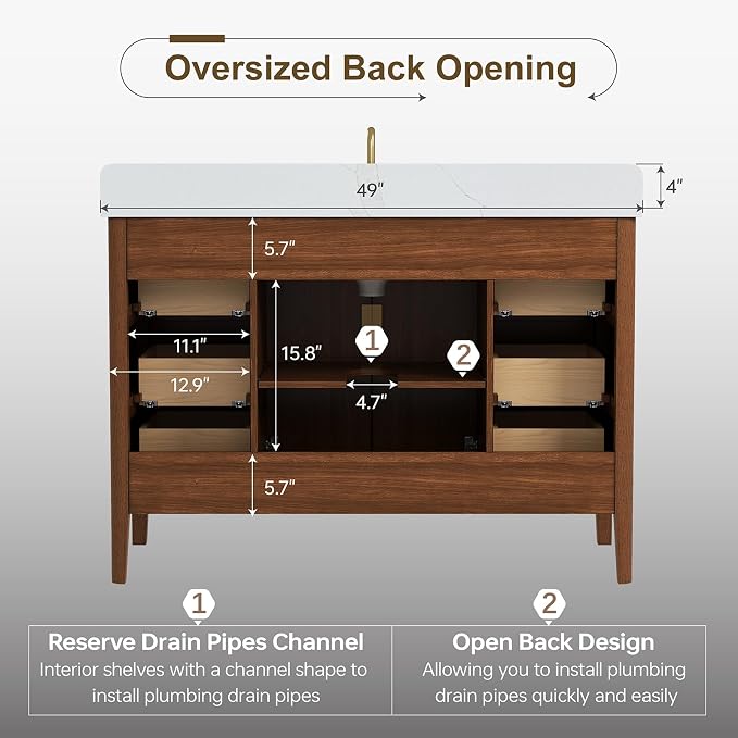 48 Inch Walnut Bathroom Vanity with Sink, Fully Assembled Solid Wood Bathroom Vanities with Soft Close Parquet Doors, Full Extension Dovetail Drawers, Calacatta Quartz Top & Backsplash