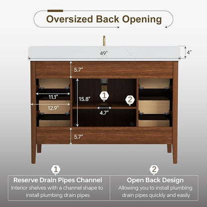 48 Inch Walnut Bathroom Vanity with Sink, Fully Assembled Solid Wood Bathroom Vanities with Soft Close Parquet Doors, Full Extension Dovetail Drawers, Calacatta Quartz Top & Backsplash