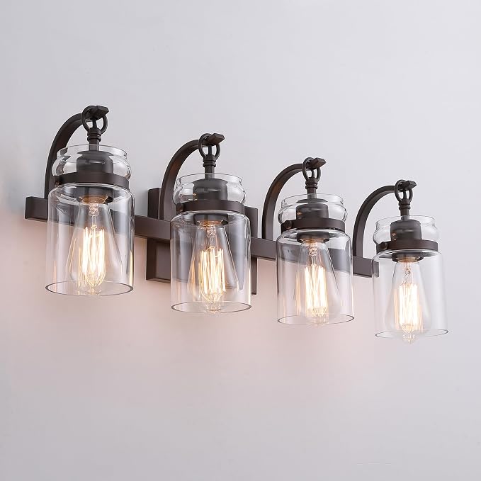 4 Light Bathroom Vanity Light, Oil Rubbed Bronze Bathroom Light Fixtures Over Mirror, Farmhouse Vanity Light with Clear Glass Shade