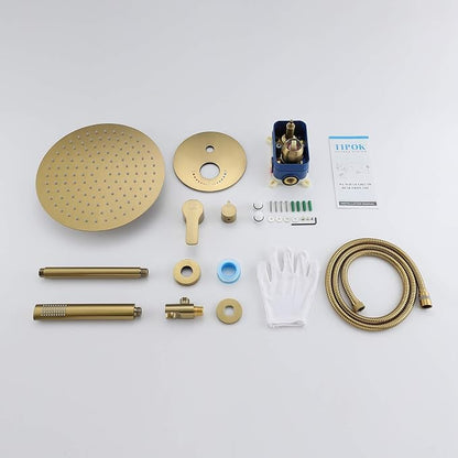 Ceiling Brushed Gold Shower System, Shower Faucet Set Has 12 Inch Round Gold Rain Shower Head With Handheld and Valve, TIPOK Brush Gold Rainfall Shower Head System for Bathroom