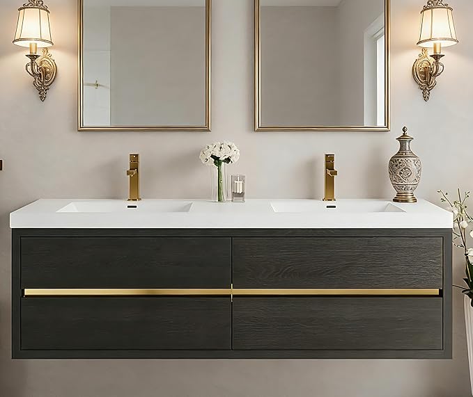 72" Wall-Mounted Bathroom Vanity with Sink | Waterproof Coating, 4 Drawers Floating Cabinet | Stone Resin Countertop & Soft Close Drawers | Modern Storage Solution,Espresso Wood