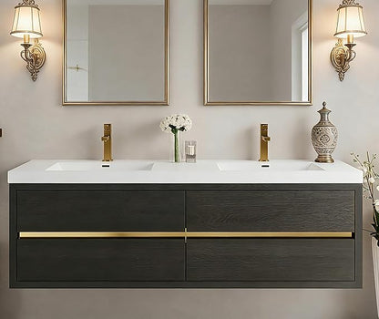 72" Wall-Mounted Bathroom Vanity with Sink | Waterproof Coating, 4 Drawers Floating Cabinet | Stone Resin Countertop & Soft Close Drawers | Modern Storage Solution,Espresso Wood
