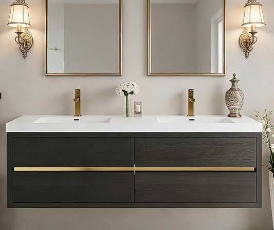 72" Wall-Mounted Bathroom Vanity with Sink | Waterproof Coating, 4 Drawers Floating Cabinet | Stone Resin Countertop & Soft Close Drawers | Modern Storage Solution,Espresso Wood