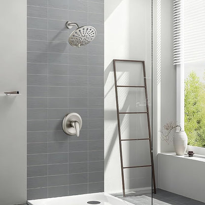 gotonovo Shower Faucet Set with Valve 6 Mode Rain Head Brushed Nickel | Bathroom Shower Head and Handle Set Complete Combo,6 Mode Multi 6’’ ABS Rainfall Showerhead,Brass Valve Trim Kit,Wall Mount