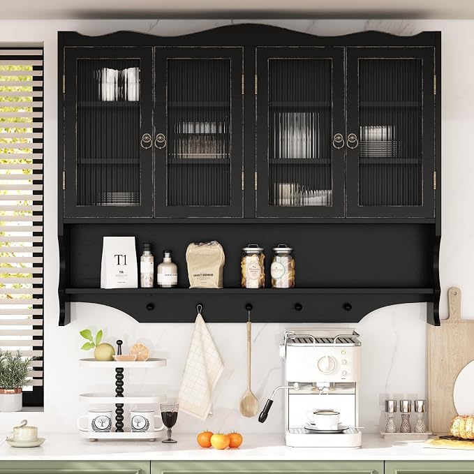 KEIKI 39.37" L Wall Mounted Kitchen Sideboard Cabinet with 4 Glass Door, 5 Hook Rack, 4 Layers Shelves, Retro Storage Buffet Medicine Cabinet for Bathroom, Dining Rooms, Entryway, Solid Wood, Black
