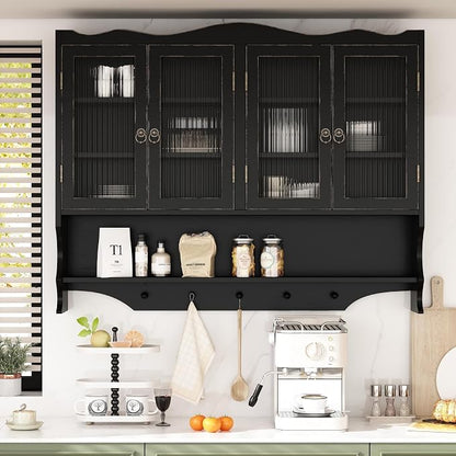 KEIKI 39.37" L Wall Mounted Kitchen Sideboard Cabinet with 4 Glass Door, 5 Hook Rack, 4 Layers Shelves, Retro Storage Buffet Medicine Cabinet for Bathroom, Dining Rooms, Entryway, Solid Wood, Black