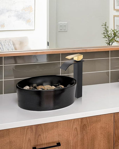 Vessel Sink Faucet Black and Gold: ARCORA Single Hole Tall Waterfall Bathroom Faucet, Single Handle Lavatory Vanity Tap with Pop Up Drain and cUPC Supply Lines