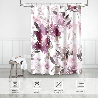 MAYZUS Extra Long Shower Curtain 72 x 84 Inch, Tall Mauve Floral Decor | Watercolor Floral Modern Abstract Flower Bathroom Fabric Shower Curtain Set with Hooks