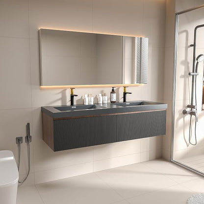 60 Inch Floating Bathroom Vanity with Double Sink, Modern Black Wall Mounted Floating Vanity with Scratch-Resistant Quartz Sand Basin, Soft Closing Drawers, Fully Pre Assembled Bathroom Vanity