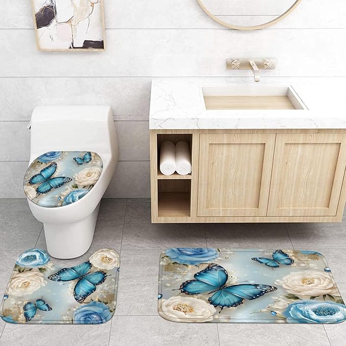 Chrainy 4pcs Rose Butterflies Shower Cutain Set Bathroom Decor with Rugs | Floral Bath Accessories with Waterproof Curtain, Bath Mat, Toilet Lid Cover, U-Shaped Rug and 12 Hooks for Washroom, 71*71in