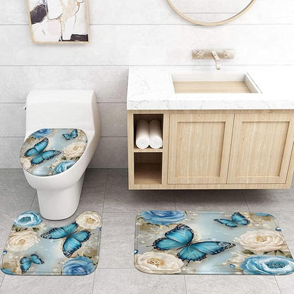 Chrainy 4pcs Rose Butterflies Shower Cutain Set Bathroom Decor with Rugs | Floral Bath Accessories with Waterproof Curtain, Bath Mat, Toilet Lid Cover, U-Shaped Rug and 12 Hooks for Washroom, 71*71in