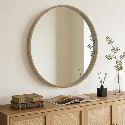 Round Wood Mirror, 36" Round Modern Decoration Large Circle Wall Mirror for Bathroom Living Room Bedroom Entryway, Honey