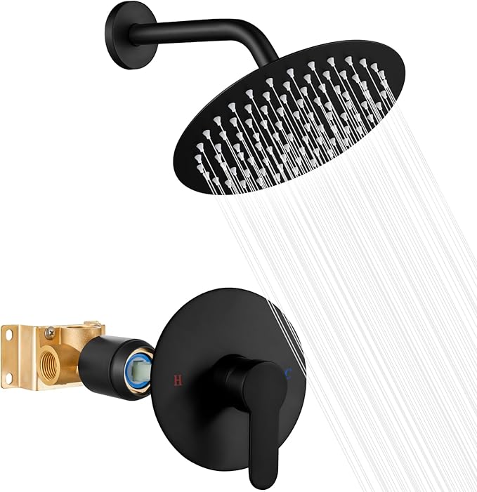 Heyalan 8-Inch Round Rain Shower Faucet Set with Valve, Matte Black | SUS304 stainless steel shower head, brass rough-in valve, single-handle control, 1.8 GPM, ideal for bathroom remodels