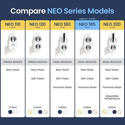LUXE Bidet NEO 185 - Dual Nozzle, Self-Cleaning, Non-Electric Bidet Attachment for Toilet Seat, Adjustable Water Pressure, Rear & Feminine Wash (White)