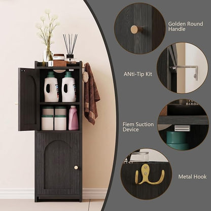 Arbuxzuy Small Bathroom Storage Cabinet with 2 Doors and Adjustable Shelf | Black Corner Floor Cabinet, Narrow Toilet Paper Cabinets with 2Hooks,Toilet Organizer for Small Spaces, 7.87"D*9.84"W*29.72"H