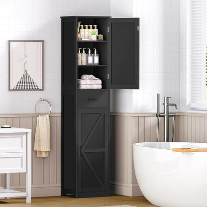 WEENFON Tall Bathroom Cabinet, Storage Cabinet with 6 Shelves & Drawer, Bathroom Storage Cabinet with Adjustable Shelves, Tall Cabinet for Living Room, Home Office, Black