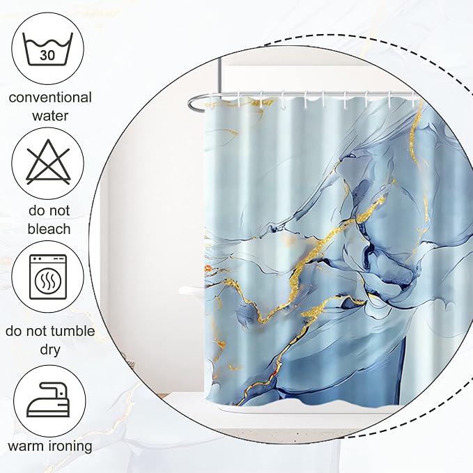 AWERT Dreamy Ink Art Light Blue Marble Shower Curtain for Bathroom Modern High Definition Printing Waterproof Shower Curtain with Hooks Bathroom Decor 72x72inch