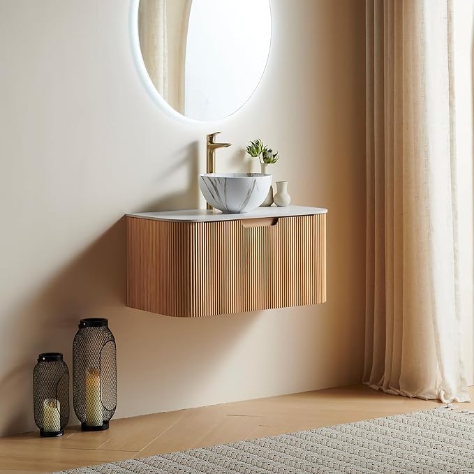36" Bathroom Vanity with Sink, Plywood Cabinet, Nature Wood | Plywood Cabinet, Single Sink, Doubel Sink, Ceramic Basin & Marble Countertop, Pre-Assembled
