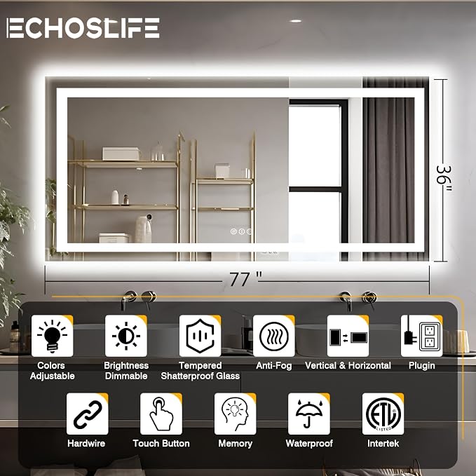 EchosLife 77"x36" Large LED Bathroom Mirror | Backlit + Front Lit, Anti-Fog, Stepless Dimmable, 3 Colors, Memory, Tempered Glass, UL Listed, Horizontal/Vertical