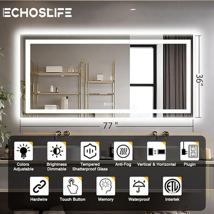 EchosLife 77"x36" Large LED Bathroom Mirror | Backlit + Front Lit, Anti-Fog, Stepless Dimmable, 3 Colors, Memory, Tempered Glass, UL Listed, Horizontal/Vertical