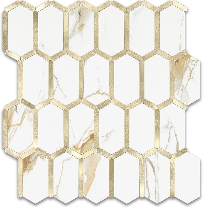 Vamos Tile Long Hexagon Peel and Stick Tile Backsplash - 10 Sheets Stick on Backsplash for Kitchen and Bathroom Calacatta Gold Mixed Metal Light Gold PVC Self Adhesive Mosaic Wall Tiles(Seamless)