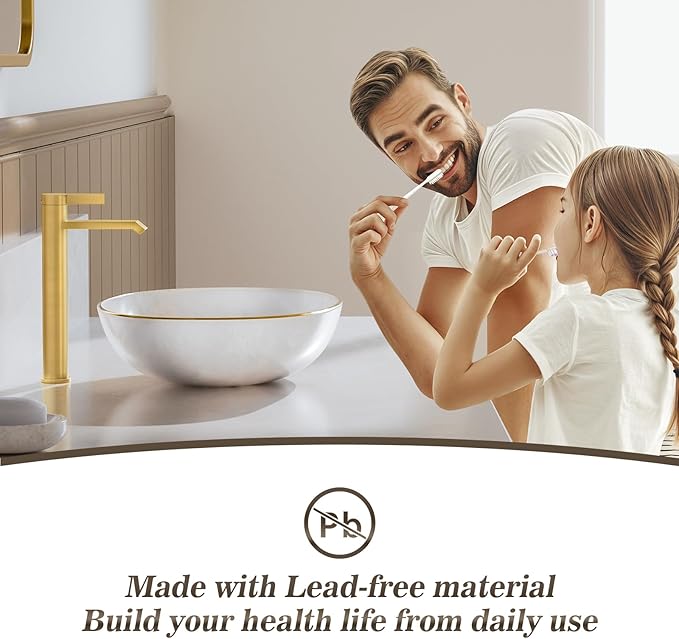 Phiestina Brushed Gold Tall Bathroom Faucet Brass Vessel Sink Faucet, Single Hole Single Handle Waterfall Above Counter Sink Faucet with Metal Pop Up Drain, FH04-BG-V