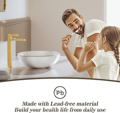Phiestina Brushed Gold Tall Bathroom Faucet Brass Vessel Sink Faucet, Single Hole Single Handle Waterfall Above Counter Sink Faucet with Metal Pop Up Drain, FH04-BG-V