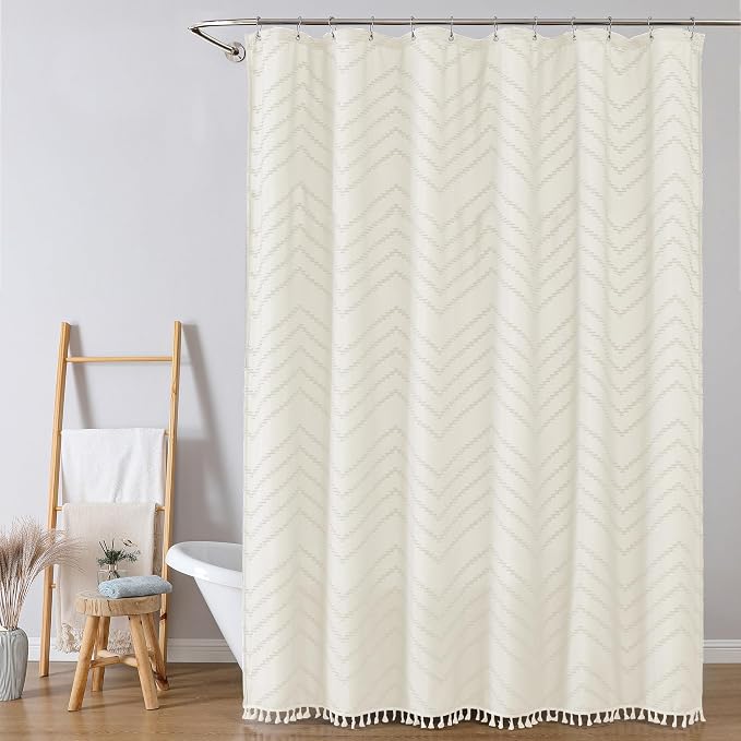 Extra Long Beige Boho Shower Curtain, Chic Tufted Chevron Striped Textured Fabric Cloth Shower Curtains with Tassel for Bathroom, Soft Hotel Style Farmhouse, Machine Washable, 72x84