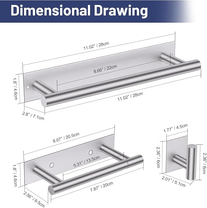 Lairuier Brushed Nickel Bathroom Hardware Set, Adhesive or Screw Wall Mount | Bathroom Accessories Set, Adhesive or Screw Wall Mount Toilet Paper Holder and Hand Towel Bar Holder, No Drill 2 Towel Hooks