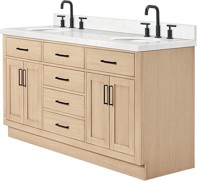 ARIEL Hepburn 66-inch Bathroom Vanity with Sink,Solid Wood, 1.5-inch Carrara White Quartz Countertop & Backsplash, Double Oval Porcelain Sink, 4 Soft Closing Doors, 6 Dovetail Drawers, White Oak
