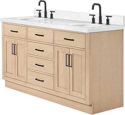 ARIEL Hepburn 66-inch Bathroom Vanity with Sink,Solid Wood, 1.5-inch Carrara White Quartz Countertop & Backsplash, Double Oval Porcelain Sink, 4 Soft Closing Doors, 6 Dovetail Drawers, White Oak
