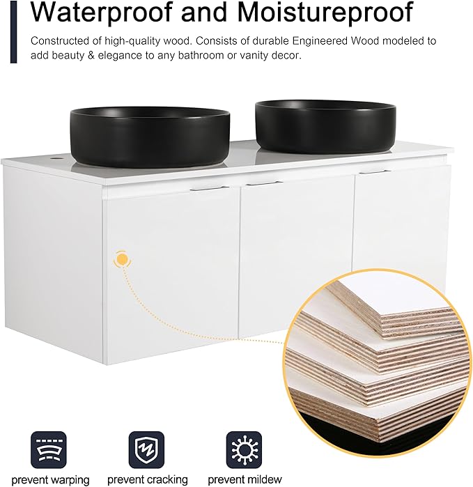 48 Inch Bathroom Vanity with Sink, 48" Floating Bathroom Vanity with Double Vessel Sinks, Modern Wall Mounted Cabinet Set, White Storage Cabinet with 3 Soft Close Doors and 2 Black Ceramic Basin Sinks