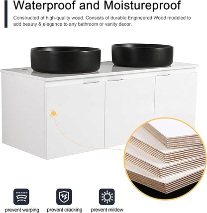 48 Inch Bathroom Vanity with Sink, 48" Floating Bathroom Vanity with Double Vessel Sinks, Modern Wall Mounted Cabinet Set, White Storage Cabinet with 3 Soft Close Doors and 2 Black Ceramic Basin Sinks