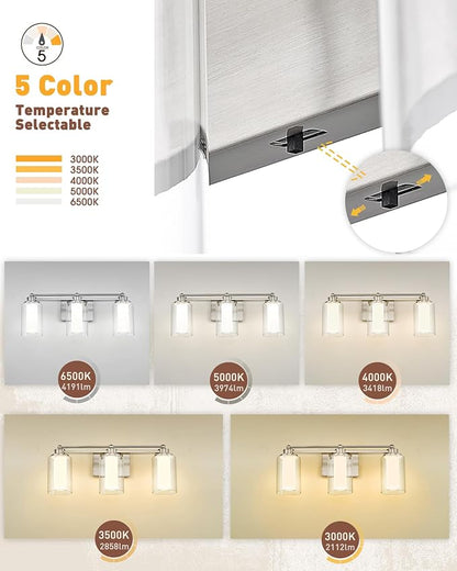 HWH Modern Bathroom Light Fixtures, Clear Glass, 5CCT, 5HLT63B-3W-LED BN | Dimmable, Brushed Nickel, 18W, Vanity Lights for Bathroom, Wall Light Fixtures, Smooth LED Brightness Adjustment, ETL Listed